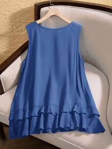 EMERY ROSE Áo tank top cỡ lớn mùa hè kiểu dáng thường ngày, màu trơn, có bèo nhún ở gấu áo - Xanh đậm - Xem 2