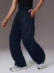 STYNVO Men's Casual Solid Color Drawstring Waist Loose Sweatpants Navy Blue Pants Oversized Pants Men Wide Leg Pant Loose Pants - Navy Blue - View 3