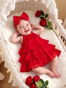 SHEIN 新生儿夏季可爱红色优雅欧根纱连衣裙 - 紅色 - 查看 3