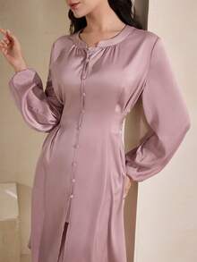 Graceveil 优雅缎面前扣长袖束腰女式衬衫，尽显淑女风范 - 粉色 - 查看 7