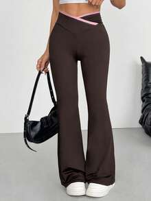 SHEIN EZwear 女士休闲喇叭裤，撞色腰带，粉色和棕色，春夏款 - 彩色 - 查看 6