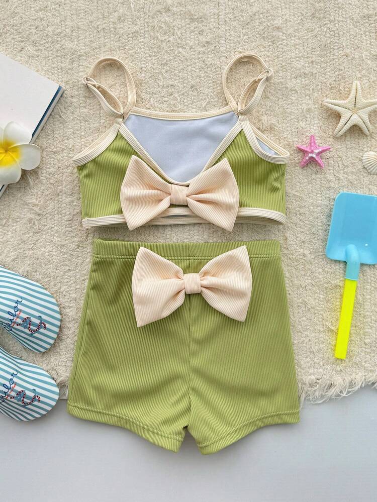 Young Girls Cute Green Swimwear Set, Fall