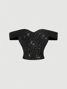 SHEIN MOD Women's Black Summer 70s Party Off-Shoulder Vintage Court Top,Shiny Sequin Embroidery,Sparkling Rhinestone Embellished Fitted Elegant Glitter Top - Black - View 8
