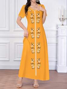 Al Najma Robe imprimée à rayures avec broderie florale et végétale, robe élégante à col V, manches courtes, taille cintrée, convient pour les vacances et le port quotidien, été - Multicolore - Voir 3