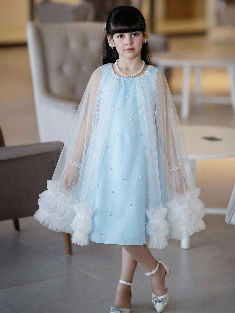 SHEIN 少女串珠撞色网纱荷叶边下摆派对连衣裙,春夏款 - 藍色 - 查看 1