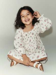 Maija Kids Young Girl Rose Print Puff Sleeve Casual Long Sleeve Dress,Kids - Apricot - View 12
