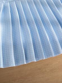 SHEIN 少女圆领蝴蝶结3D立体花朵装饰褶皱休闲日常度假连衣裙 - 藍色 - 查看 6