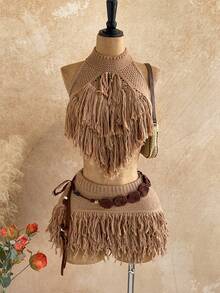 Soleia Fringe Knit Micro Mini Skirt Low Rise Sexy Holiday Ibiza Rave Boho Vacation Escapade Fall Night Out Autumn Winter Techno - Khaki - View 6