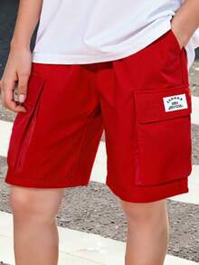 男童字母印花短袖T恤和工装短裤两件套，时尚休闲舒适，大口袋设计，适合日常街头穿着 - 紅色 - 查看 5