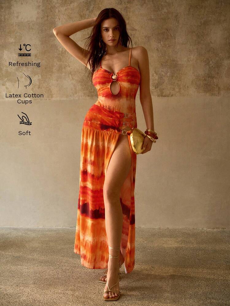 MAILLOT DE BAIN UNE PIÈCE AVEC DÉCOUPES, IMPRIMÉ ALLOVER TIE-DYE ROMANTIQUE POUR VACANCES, COQUE EN MÉTAL