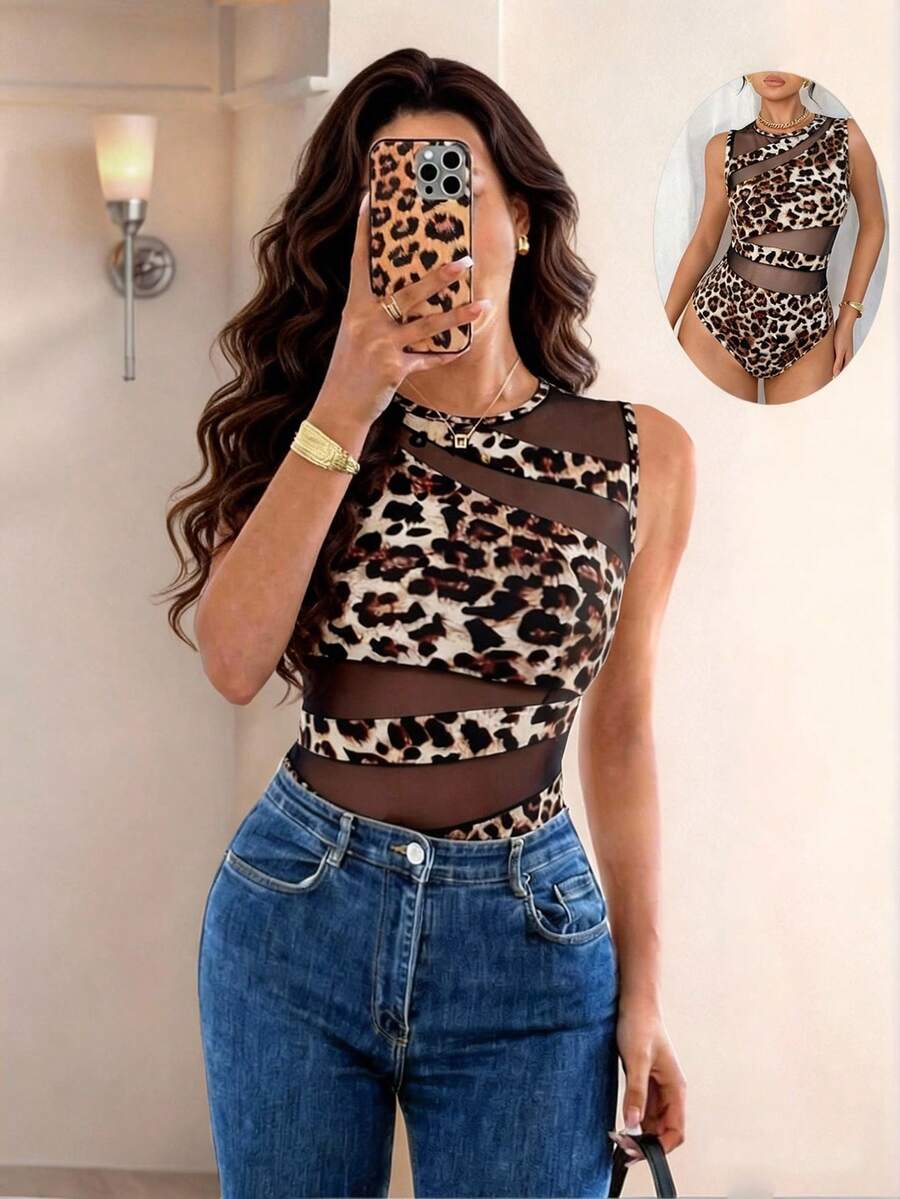 Rafferiza 女士网眼拼接豹纹露背连体衣 - 黑色 - 查看 1