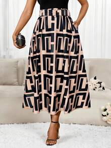 SHEIN Lady Chân váy chữ A in họa tiết toàn thân, kiểu dáng thanh lịch, thường ngày dành cho nữ, thích hợp cho mùa hè. - Nhiều màu - Xem 4