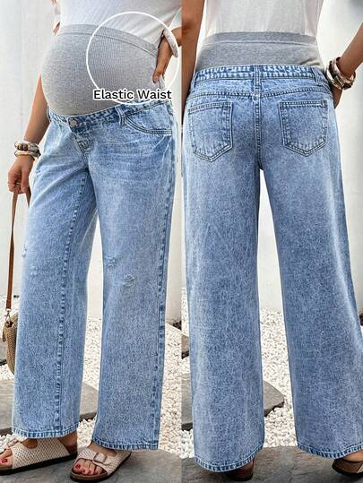 SHEIN Maternity Contrast Color Distressed Wide Leg Loose Casual Jeans
