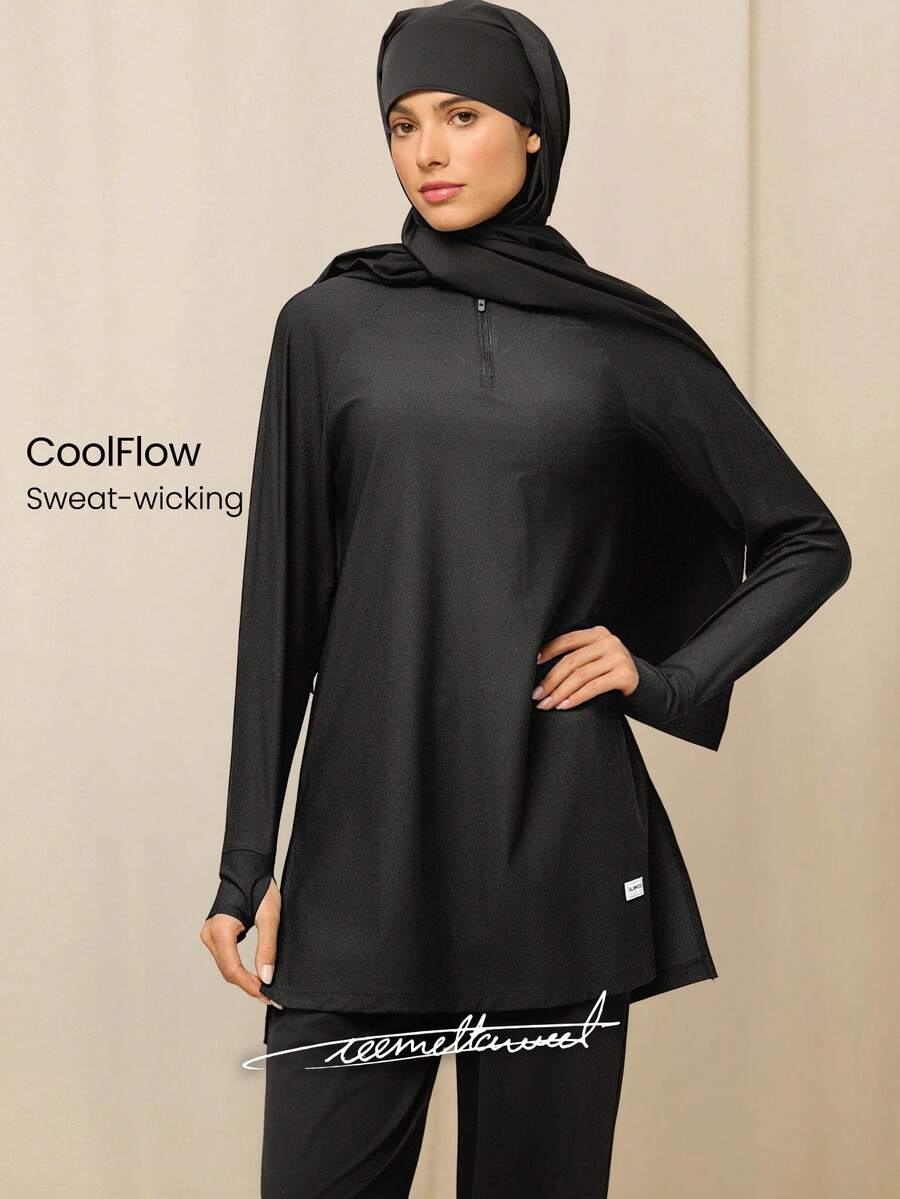 GLOWMODE Áo nỉ dáng rộng X Reem Modest Cool Flow thoáng mát, nhanh khô, chống nắng, có lỗ xỏ ngón tay, xẻ tà bên hông, khóa kéo ¼, thích hợp cho tập luyện, chạy bộ, tập gym, studio và hoạt động hàng ngày. - màu đen - Xem 1