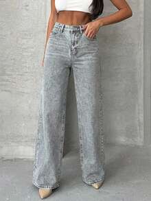 EURMUSE High Waist Casual Fashion Straight Loose Daily Wear Jeans - Grey - View 4