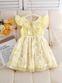 Elladie kids 女童雪纺短袖连衣裙，后背蝴蝶结装饰，优雅派对连衣裙，夏季保暖套装，黄色童装，蝴蝶结后背连衣裙，荷叶边袖连衣裙，女童黄色连衣裙，可爱女童连衣裙，碎花连衣裙 - 黃色 - 查看 2