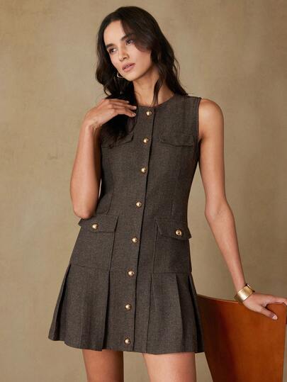 Aveloria Rosie Fashionable Design Casual Placket Button Flap Pocket Sleeveless Dress