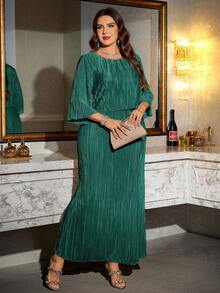 Reflora Vestido elegante de unicolor talla grande, adecuado para fiestas - Verde Oscuro - Ver 9