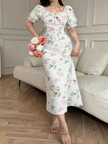 DAZY 2024夏季碎花泡泡袖雪纺连衣裙，收腰显瘦法式浪漫风格吊带裙 - 白色 - 查看 5