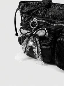 ROMWE Kawaii 1 Acessório Personalizado Estilo Gótico Casual Retrô Y2k, Feito à Mão com Contas Pretas de Resina Redonda, Renda Branca Multicamadas, Laço, Strass Líquido Cercando Pingente de Amor, Anel Simples, Chaveiro, Adequado para Uso Diário de Meninas e Mulheres, Presente de Feriado - Preto e Branco-21 - Visão 8