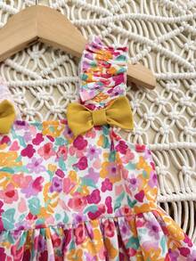 SHEIN Baby Girl Cute Floral Pattern Bow Strap Sundress, Summer Squishy Summer Outfits Summer Clothes Summer Dresses Vacation Spring Dresses Vacation Dresses - Multicolor - View 8