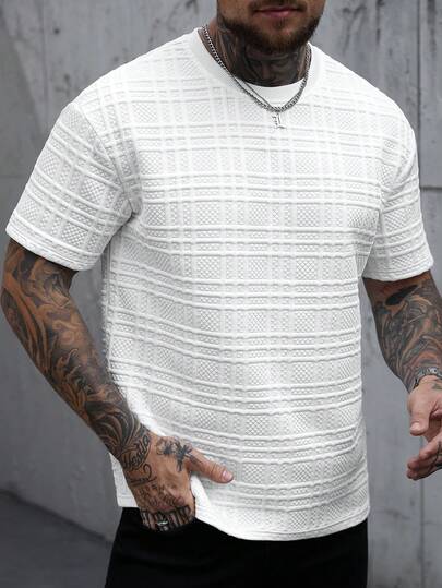 Manfinity CasualCool Men's Casual T-Shirt, Fashionable And Versatile For Daily Wear,Men Old Money,Daily Leisure, Weekend Trips, Outdoor Activities, Travel Expeditions, Relaxed Work Environments Or Semi-Formal Occasions, Boyfriend/Husband Gift, Anniversary /Birthday Gift Party Summer Vacation Holiday,Wedding,Spring To Summer,Easter,Men's White Short Sleeve Crew Neck Textured Weave Shirt,White And Grey Shirt Men,Men Shirts Streetwear,V Neck Men Shirt,Men Shirts Top,Men Shirts White