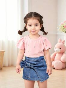 SHEIN Vintaside Kids Baby Girl Boho Style High Waist Ruffle Front Bow Decor Shorts, Summer Casual - Dark Wash - View 3