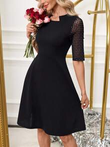 SHEIN Clasi Vestido mini elegante de mujer con parches de malla de lámina de plata - Negro - Ver 4