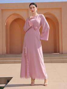 Graceveil 优雅花卉蕾丝拼接收腰开衩长袖派对都市连衣裙，粉色 - 藕粉色 - 查看 8