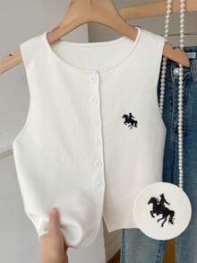 SHEIN EZwear Summer Old Money White Front Button Embroidered Round Neck Casual Knit Vest For Women - White - View 5