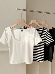 SHEIN EZwear 3件装 女士黑白条纹印花针织圆领短袖T恤 - 彩色 - 查看 2