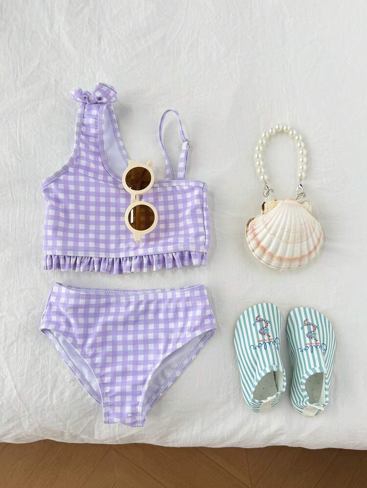 Young Girls' Plaid Bikini Swimwear Set, Cute Purple Swimwear For Beach Vacation