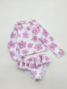 DAZY Bộ bikini tam giác in hoa dành cho bé gái, gồm áo dài tay cổ tròn viền bèo nhún. - Hồng - Xem 5