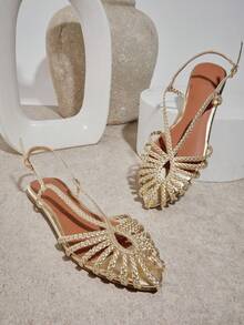 SHUZIA Fashionable Ladie's Gold Sling Back Easy Wear Slip-On Marry Jane Flat Sandal, Round Toe Spring Summer Chic Holiday Shoes Valentine's Day - Gold - View 1