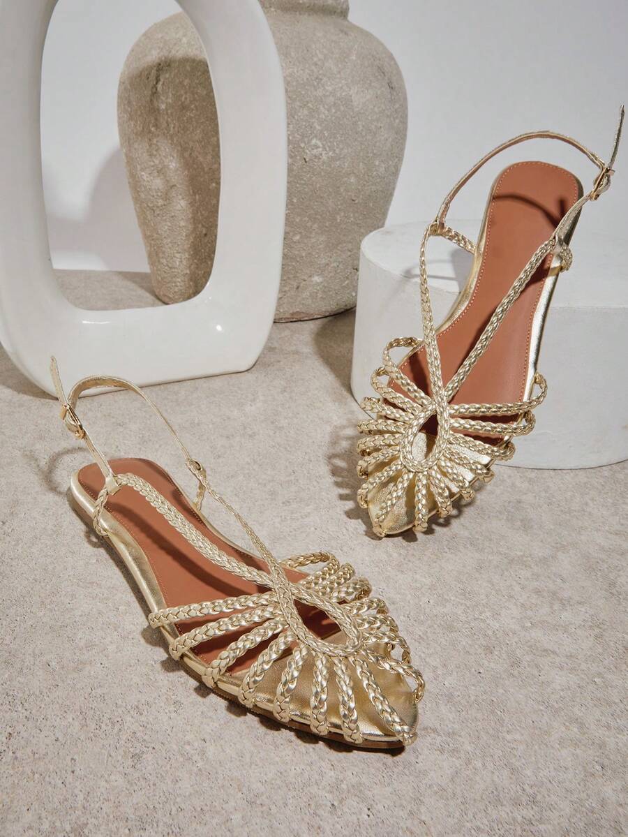 SHUZIA Fashionable Ladie's Gold Sling Back Easy Wear Slip-On Marry Jane Flat Sandal, Round Toe Spring Summer Chic Holiday Shoes Valentine's Day - Gold - View 1