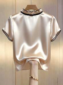 Editum 嘉年华服装，修身女士撞色短袖衬衫，夏季教师白色衬衫，乡村夏季 - 杏色 - 查看 4
