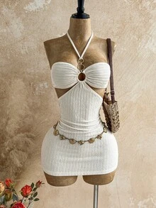 Soleia 女士性感露背吊带迷你连衣裙，度假风 - 杏色 - 查看 1