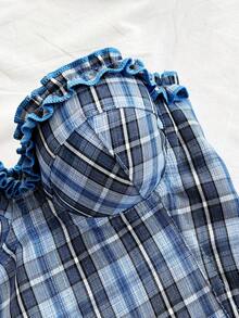 Soleia Women's Summer Casual Vacation Style Patterned Print Frill Trim Fitted Criss-Cross Back Tube Top - Blue - View 6