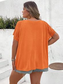 SHEIN CURVE+ Plus Size Color Block Lace Splicing Short Sleeve T-Shirt, Suitable For Beach Vacation In Summer Boho Vacation - Orange - View 2