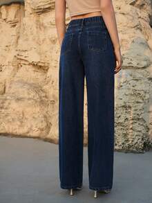 MOTF PREMIUM SPRING/SUMMER ASYMMETRICAL PLACKET WASHED STRAIGHT-LEG JEANS - Dark Wash - View 3