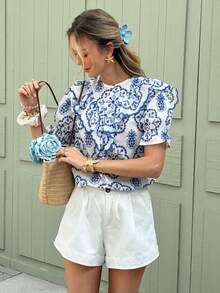 Serisse 女士圆领短袖荷叶边宽松衬衫 - 藍白色 - 查看 4