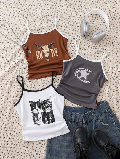 3件套少女休闲吊带背心，图案包括猫、牛头和星星，适合运动、返校、度假以及春夏穿着。