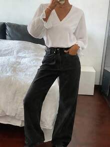 Livesso Kaos Wanita Elegan untuk Perjalanan Sehari-hari, Polos, Leher V Dalam, Longgar - Putih - View 4