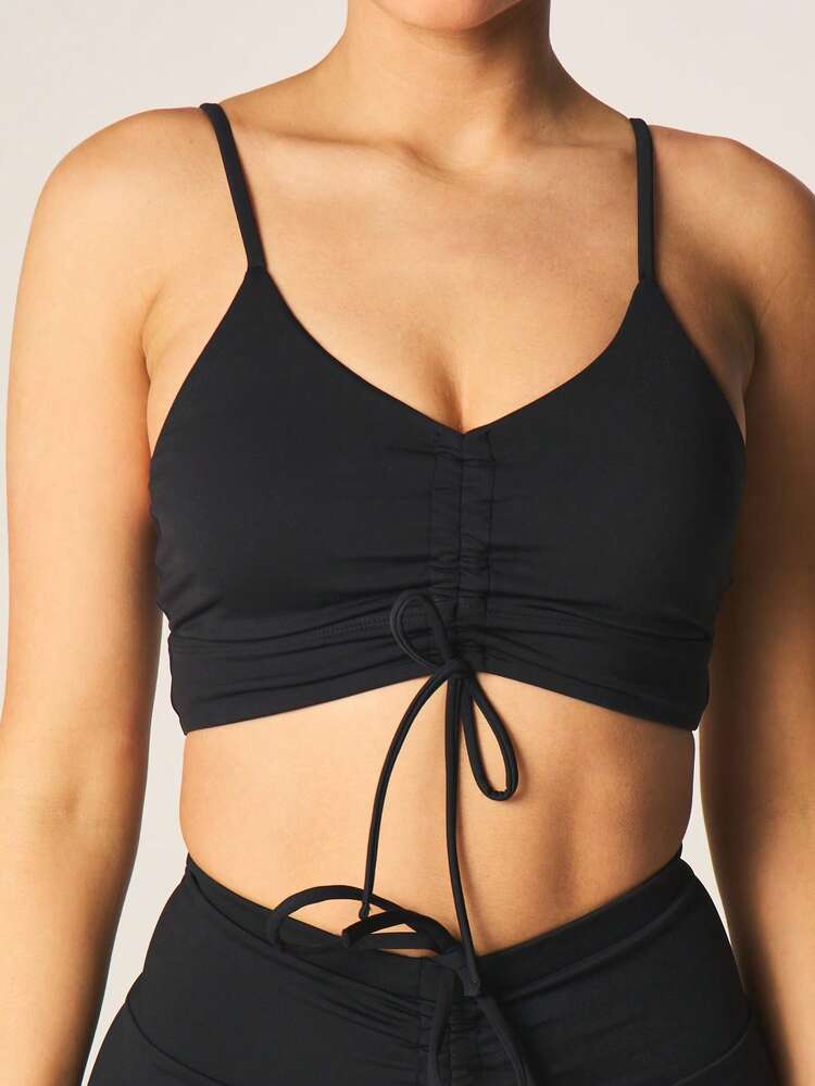 MISSGUIDED Ruched Detail Sports Bra With V Neckline And Adjustable Straps Front Lace Up Design Cropped Athletic Top For Active Wear Fitness Training Yoga Workout
