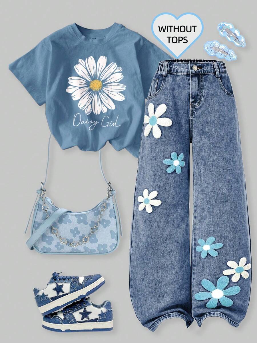 SHEIN ChillGRL 少女新款时尚做旧雪花刺绣阔腿牛仔裤 宽松牛仔裤 Y2K超大款牛仔裤 阔腿牛仔裤 宽松女童牛仔裤 宽松牛仔裤 2025秋冬新款 90年代复古风蓝色牛仔裤 - 藍色 - 查看 1