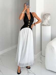 Siren Gaze 新款春夏黑白撞色露背优雅连衣裙，女士款 - 黑與白 - 查看 3