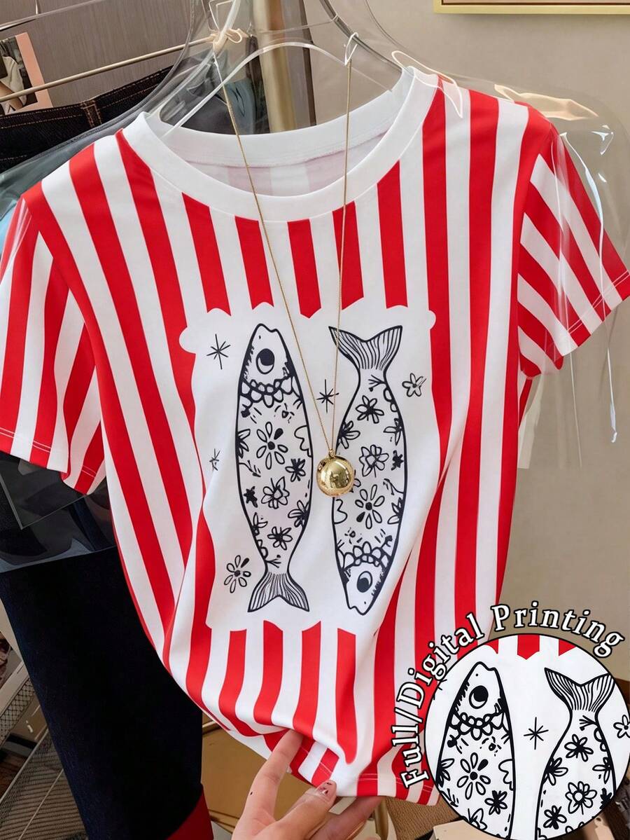 Resyla Áo thun nữ tay ngắn cổ tròn kẻ sọc kiểu dáng thường ngày, đa năng cho mùa hè. - Nhiều màu - Xem 1