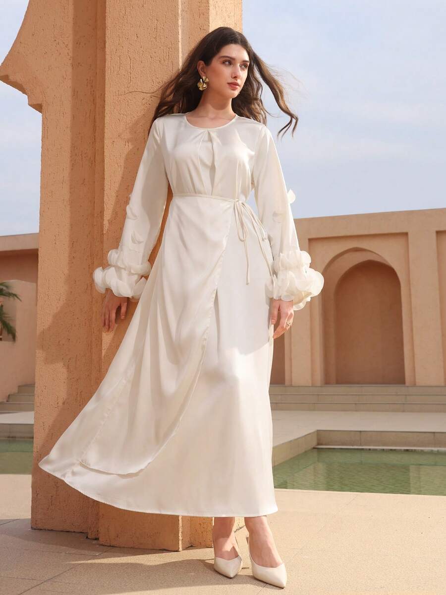 Graceveil Satin Finish Long Sleeve Round Neck Layered Ruffle Sleeve Tie-Up Asymmetrical Hem Dress For Women - Apricot - View 1