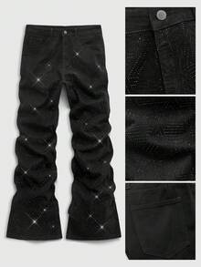 ROMWE MEN Jeans acampanados con adornos de rhinestones de moda para hombres - Negro - Ver 1
