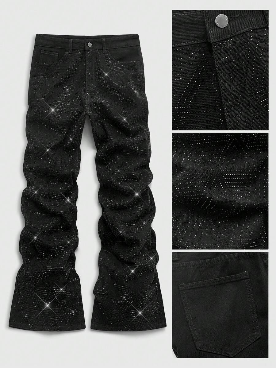 ROMWE MEN Jeans acampanados con adornos de rhinestones de moda para hombres - Negro - Ver 1